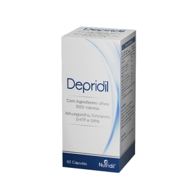 Embalagem branca de cápsulas Depridil com texto azul e detalhes em azul escuro
