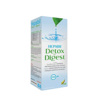 Embalagem branca e azul claro de produto líquido Hepabil Detox & Digest com gotas de água e folha verde