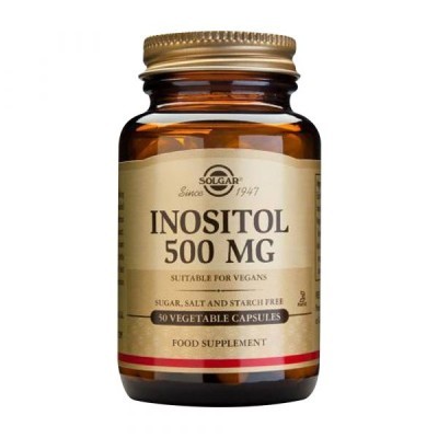Frasco de suplemento Solgar Inositol 500 MG com tampa dourada