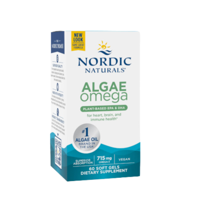 Caixa de suplemento alimentar Nordic Naturals Algae Omega 60 cápsulas.
