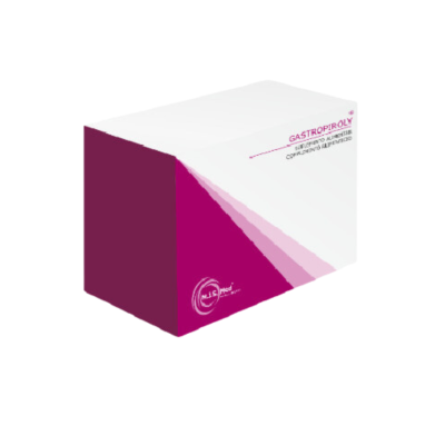 Caixa de medicamento GASTROPIROLY branca e rosa com texto e logo