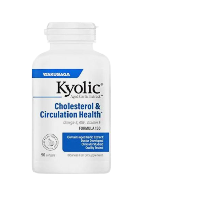 Frasco branco de suplemento Kyolic para colesterol e circulação, rótulo azul e branco