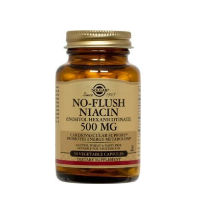 Frasco de suplemento alimentar No-Flush Niacin 500 mg da Solgar