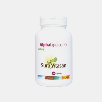 Frasco branco de suplemento Alpha Lipoico R+ da marca Sura Vitasan