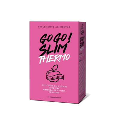 Embalagem rosa de suplemento alimentar GO GO! SLIM THERMO com texto e desenho de maçã.