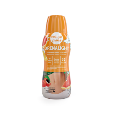 Frasco de suplemento líquido DRENALIGHT sabor laranja, guaraná e café verde com tampa laranja