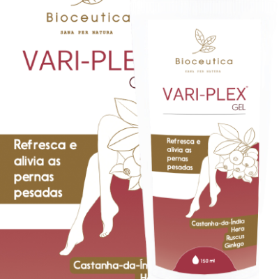 Tubo e embalagem do gel VARI-PLEX da Bioceutica para aliviar pernas pesadas