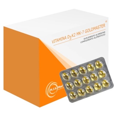 Suplemento alimentar vitamina D3 K2 MK-7 Goldmaster em caixa branca e laranja com cápsulas douradas