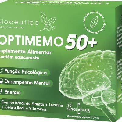 Caixa verde de suplemento alimentar OPTIMEMO 50+ com ilustração do cérebro e texto explicativo.