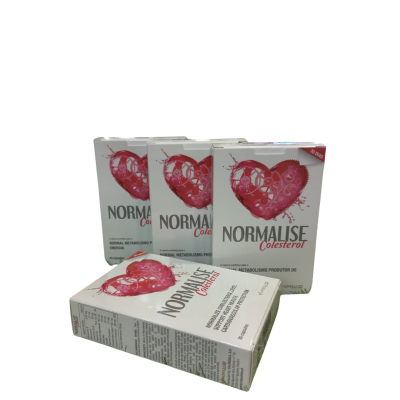 Caixas de produto NORMALISE Colesterol com coração vermelho e texto em branco.