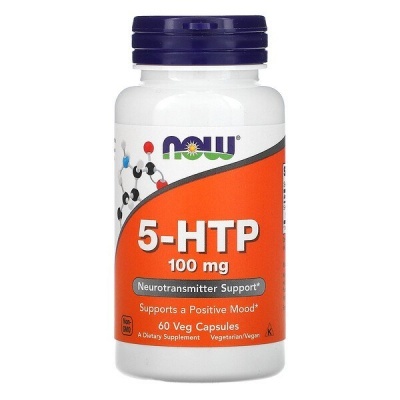 frasco branco de suplemento 5-HTP 100 mg da NOW com rótulo laranja e branco