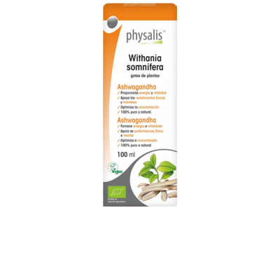 Embalagem de gotas de plantas Physalis Ashwagandha 100 ml com selo Vegan e biológico