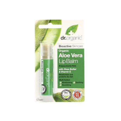 Bálsamo labial orgânico Aloe Vera dr.organic em embalagem verde e branca