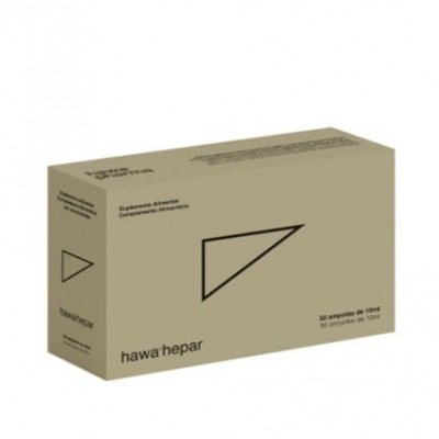 Embalagem bege de suplemento alimentar hawa hepar com triângulo preto e texto