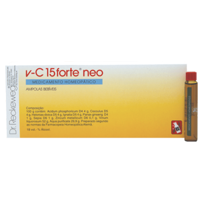 Embalagem de medicamento homeopático v-C 15 forte neo com ampola ao lado