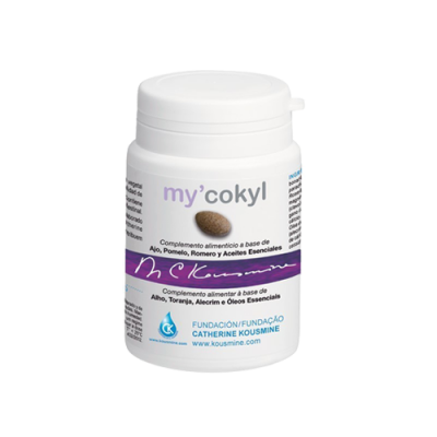 Frasco branco do suplemento my'cokyl com texto e logótipos