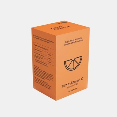 Caixa laranja de suplemento alimentar vitamina C com texto em castanho e desenho de fatia de laranja