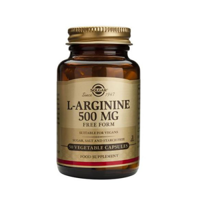 Frasco de suplemento alimentar L-Arginina 500 mg da Solgar com 50 cápsulas vegetais