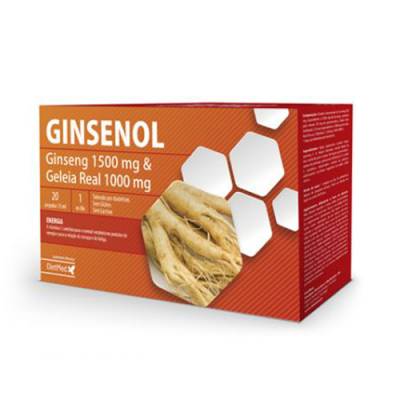 Embalagem laranja de suplemento GINSENOL com texto branco e imagem de raiz de ginseng