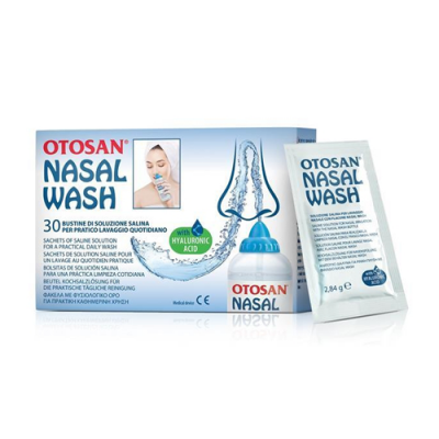 Embalagem do produto Otosan Nasal Wash com 30 sachês de solução salina e um sachê individual ao lado