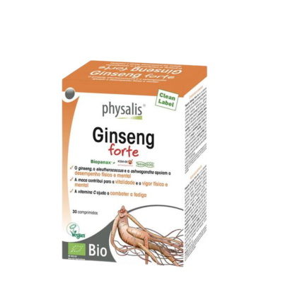 Caixa branca e laranja de comprimidos Ginseng forte Physalis com selo Bio e Vegan