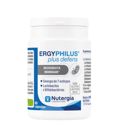 Frasco de suplemento alimentar ERGYPHILUS plus defens da Nutergia com rótulo azul e branco