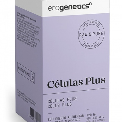 Embalagem lilás e branca de suplemento alimentar Células Plus da ecogenetics