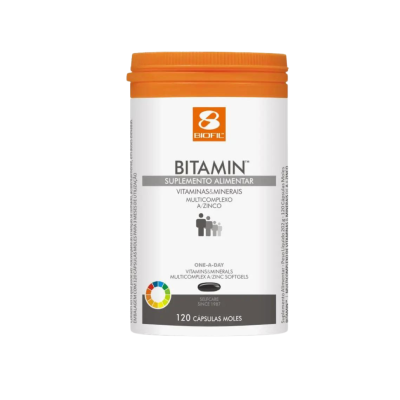 Frasco branco com tampa laranja do suplemento Biofil Bitamin