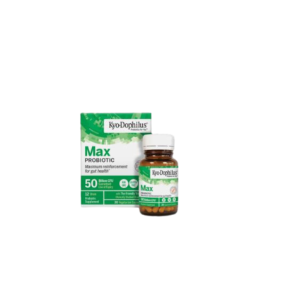 Frasco e embalagem de suplemento Max Probiotic da marca Kyo-Dophilus