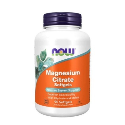 Frasco de suplemento magnesium citrate da marca NOW com tampa roxa e rótulo laranja e azul
