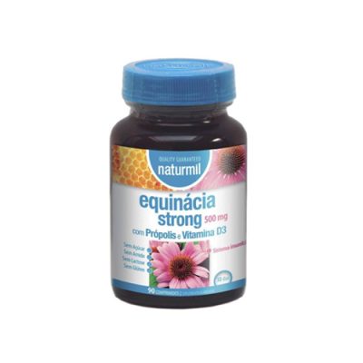 Frasco azul e branco de equinácia strong 500 mg com própolis e vitamina D3 da Naturmil