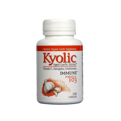 Frasco branco com suplemento Kyolic de alho envelhecido e texto informativo na etiqueta.