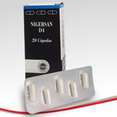 Blister com cinco cápsulas brancas e caixa do medicamento NIGERSAN D4 20 Cápsulas.