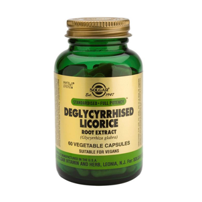 Frasco verde com tampa dourada de suplemento Deglycyrrhised Licorice Root Extract