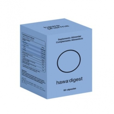 Caixa azul clara de suplemento alimentar hawa'digest com círculo preto e texto