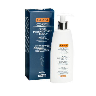 Frasco branco com aplicador e embalagem azul escuro de creme GUAM Corpo para coxas e braços