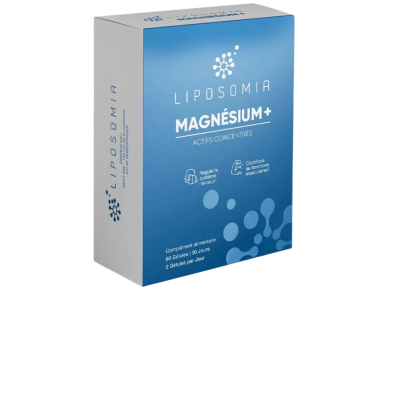Embalagem do suplemento LIPOSOMIA MAGNÉSIUM+ azul e branco com texto