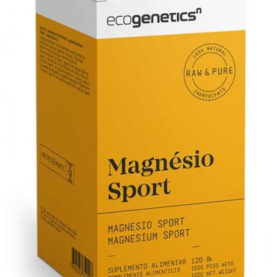 Embalagem de suplemento alimentar Magnésio Sport da ecogenetics com design amarelo e branco