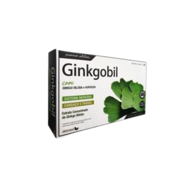 Caixa branca do suplemento Ginkgobil com texto e imagem de folhas verdes de Ginkgo Biloba