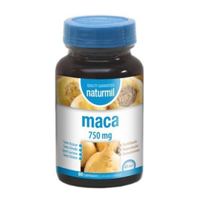 frasco de suplementos naturmil maca 750 mg com tampa azul