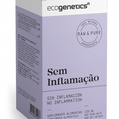 Embalagem lilás e branca de suplemento alimentar ecogenetics com texto 'Sem Inflamação'
