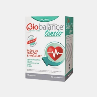 Embalagem de comprimidos Biobalance Tensio para saúde do coração e vascular com cores branco, verde e vermelho