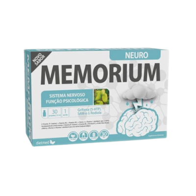 Embalagem de suplemento MEMORIUM azul e branco com texto sobre sistema nervoso e função psicológica.
