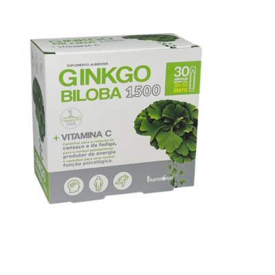 Embalagem de suplemento Ginkgo Biloba 1500 com vitamina C e 30 ampolas.