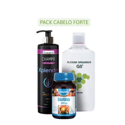Produtos para cabelo incluindo champô, suplemento de biotina e frasco de silicium