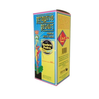 Embalagem amarela de suplemento alimentar Resolutivo Regium com detalhes coloridos e texto impresso