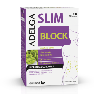 Embalagem de suplemento Dietmed ADELGASLIM BLOCK em branco e roxo com texto e ilustração de figura feminina