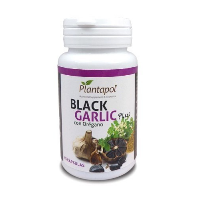 Frasco branco de suplemento Plantapol Black Garlic plus com orégano e imagens de alho preto e orégano