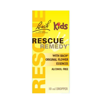 Embalagem do produto Bach Kids Rescue Remedy gotas com essência de flores, 10 ml, amarelo e vermelho