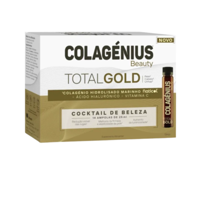 Embalagem de suplemento alimentar COLAGÉNIUS Beauty TOTAL GOLD com 14 ampolas de 25 ml
